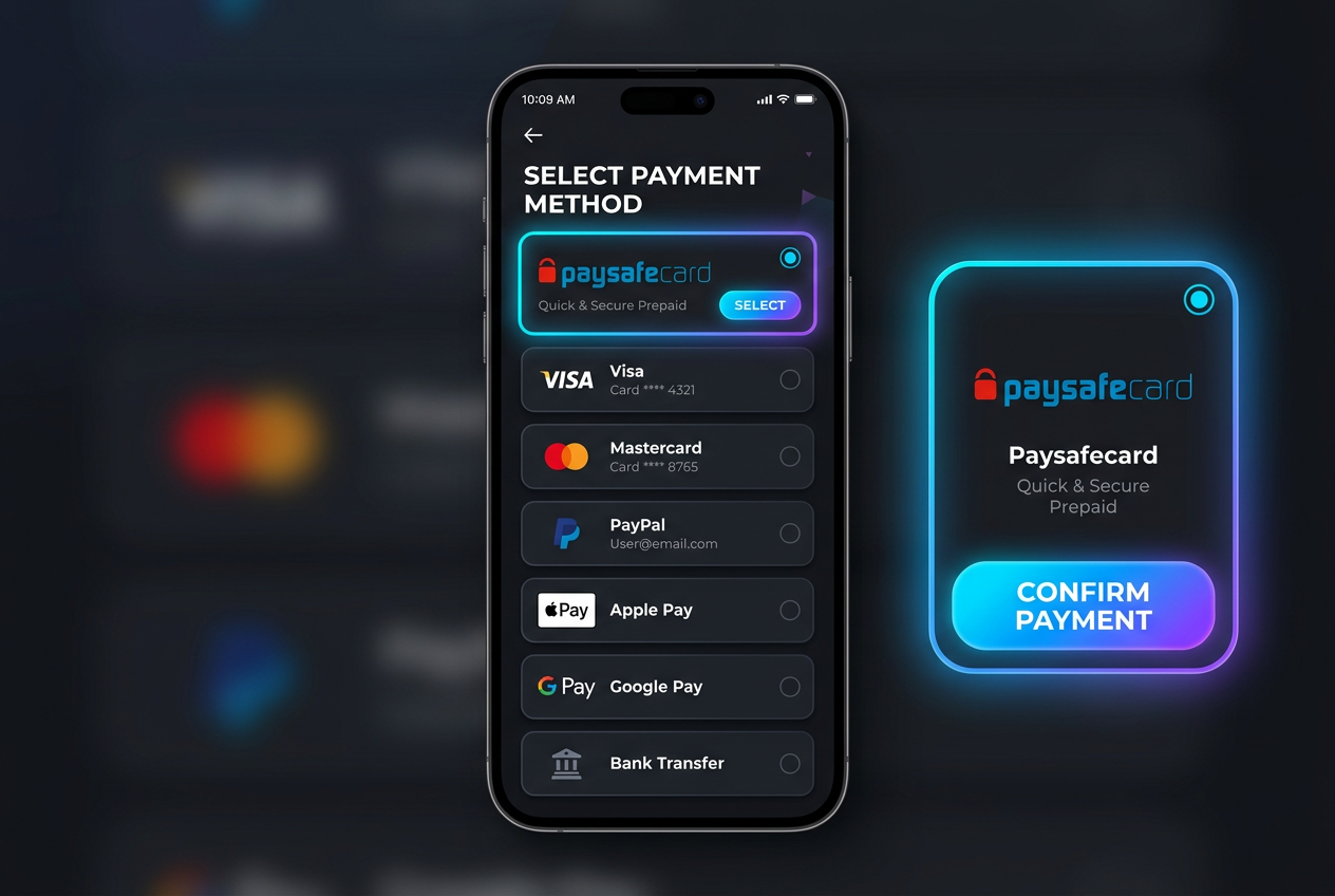 Screenshot mobilního rozhraní kasina s vybranou platební metodou Paysafecard