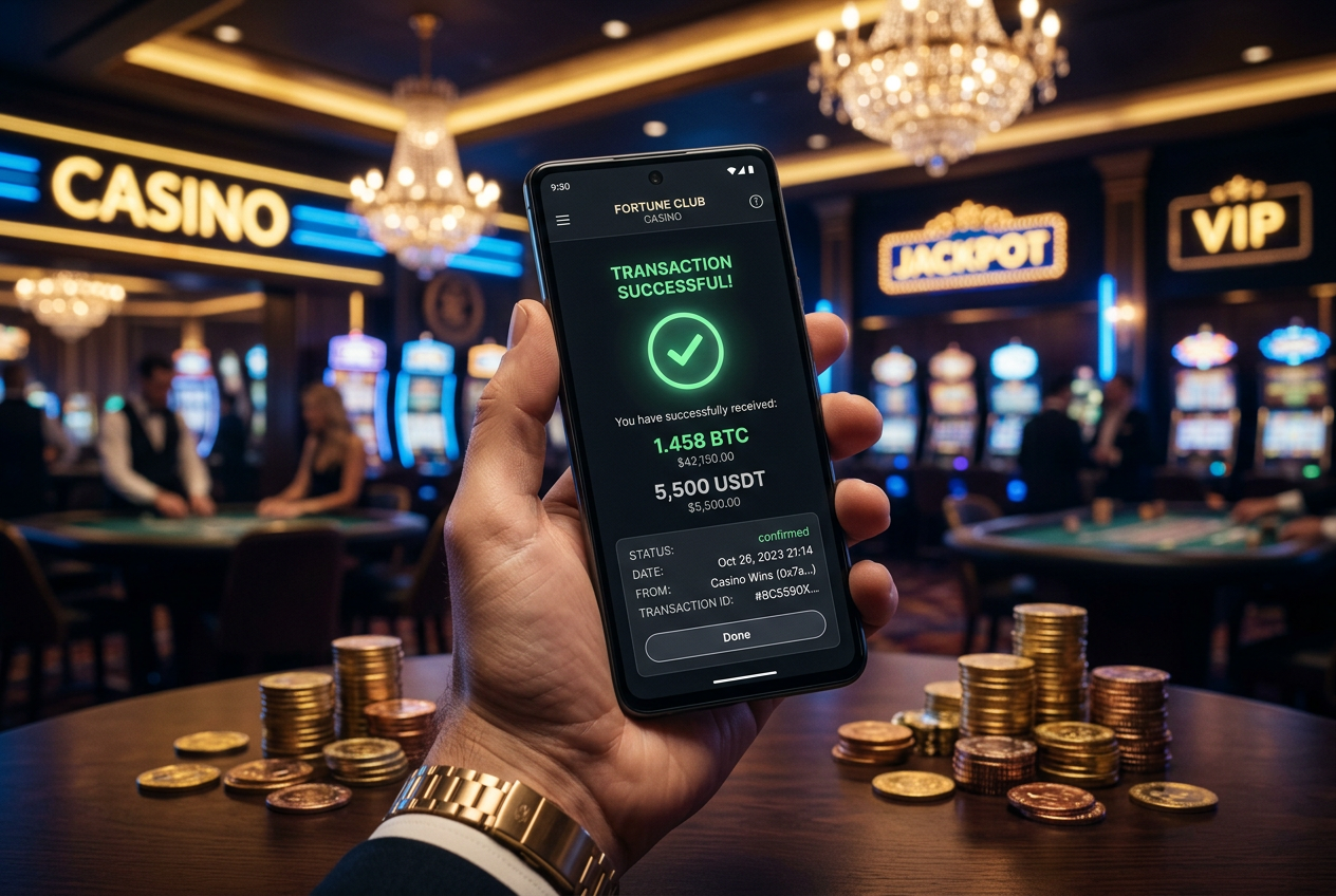 Moderní mobilní aplikace pro krypto platby v online kasinu s logem Bitcoinu